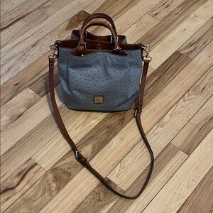 Dooney & Bourke Gray and Brown Handbag with Adjustable Strap and two hanfles
